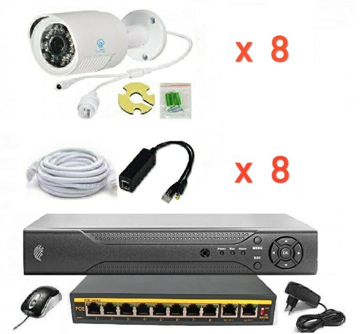 Готовый комплект IP видеонаблюдения на 8 камер (Камеры IP высокого разрешения 2.0MP)