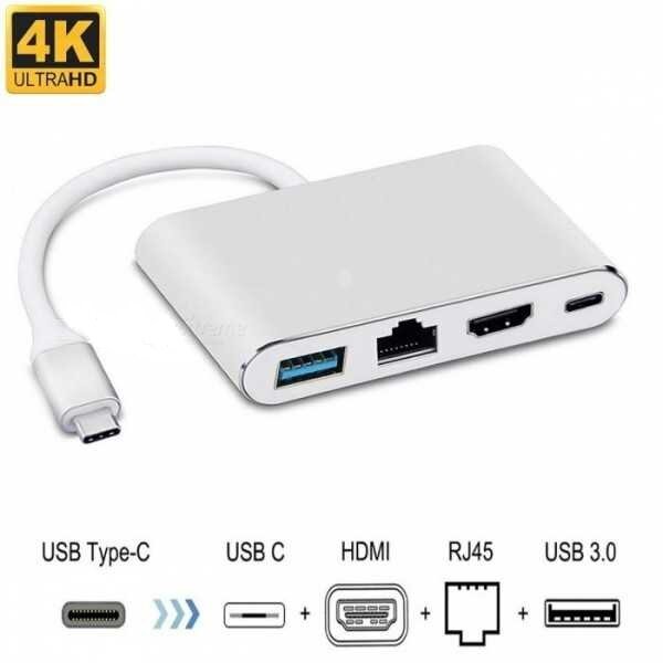 Адаптер - переходник – хаб USB 3.1 Type C (4 в 1: HDMI / USB3.0 / RJ45 LAN / Type C 