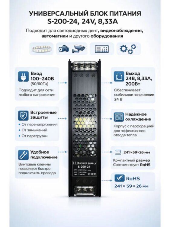 Блок питания 24V, 8.33A, 200W для светодиодных лент, вывесок
