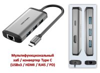 Мультифункциональный хаб / конвертер Type C (USBx3 / HDMI / RJ45 / PD), Vention CNCHB 