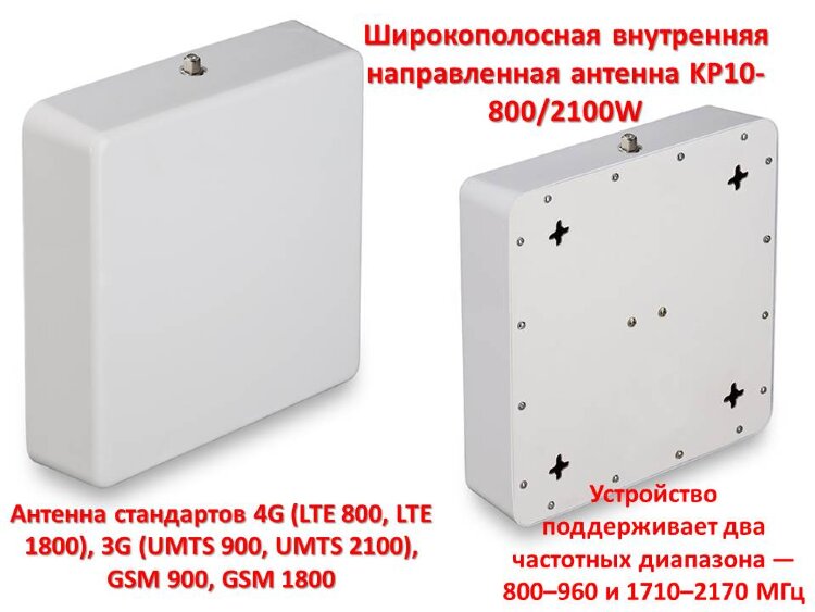 Широкополосная внутренняя антенна стандартов 4G (LTE 800, LTE 1800), 3G (UMTS 900, UMTS 2100), GSM 900, GSM 1800, модель KP10-800/2100W 