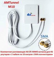 Компактная усиливающая 4G LTE MIMO антенна для 4G роутеров + 2 кабеля по 10 метров c SMA коннекторами, модель AMTunnel М10 