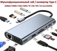 Мультифункциональный хаб / конвертер Type C (USBx4 / HDMI / VGA / RJ45 / TF / SD / PD / 3.5 mm AUDIO), модель BYL-2110 