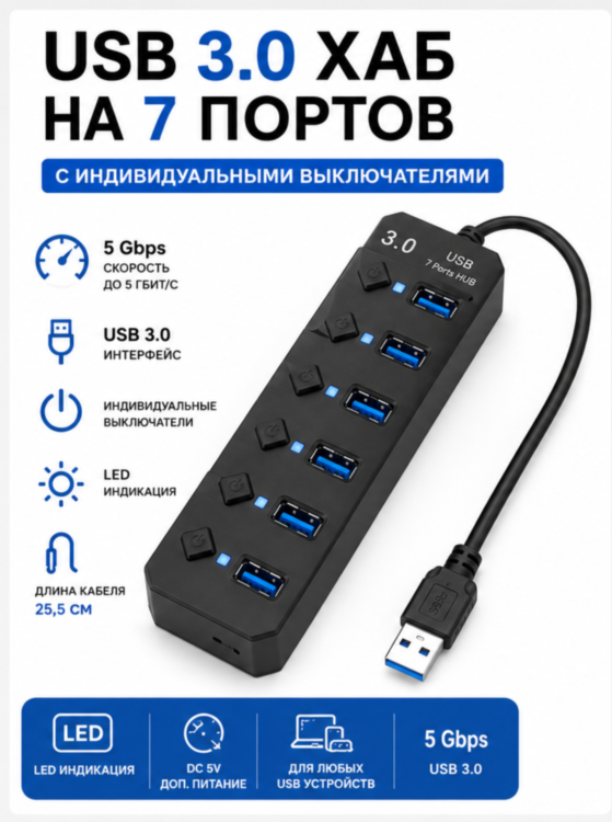 USB 3.0 Хаб - разветвитель на 7 портов с индивидуальными выключателями, кабель 25,5 см