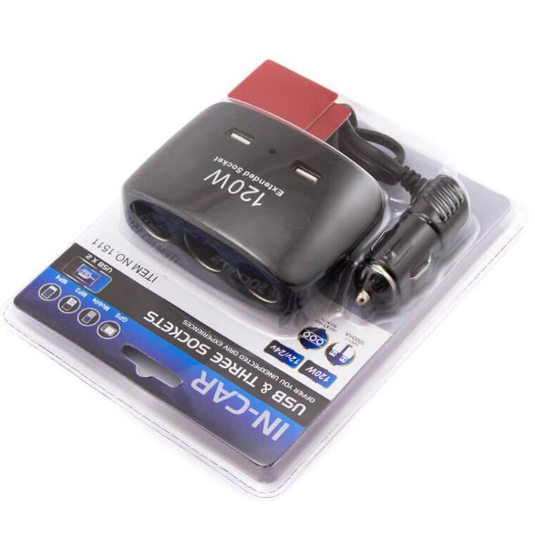 Разветвитель/ Тройник гнезда прикуривателя с двумя USB портами, ITEM 1511 