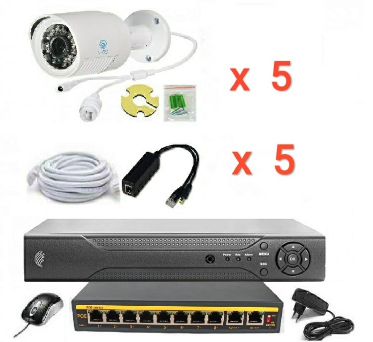Готовый комплект IP видеонаблюдения на 5 камер (Камеры IP высокого разрешения 2.0MP)